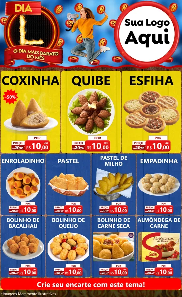Modelo de Encarte para Encarte Grande com o tema Dia L - O Dia Mais Barato Do Mês para Salgadaria