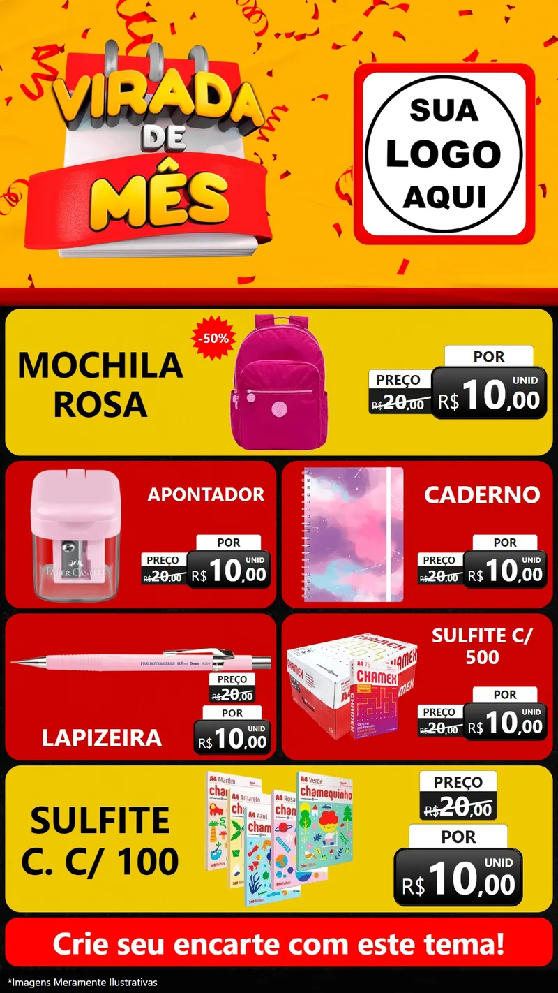 Modelo de TV para TV Vertical com o tema Virada de Mês para Papelaria