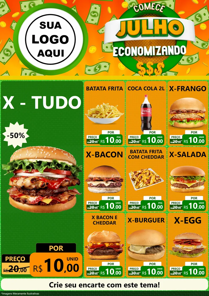 Modelo de Encarte para Encarte A4 Vertical com o tema Comece Julho Economizando para Hamburgueria
