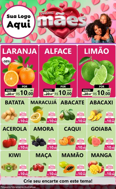 Modelo de Encarte para Encarte Grande com o tema Dia das Mães para Hortifrúti