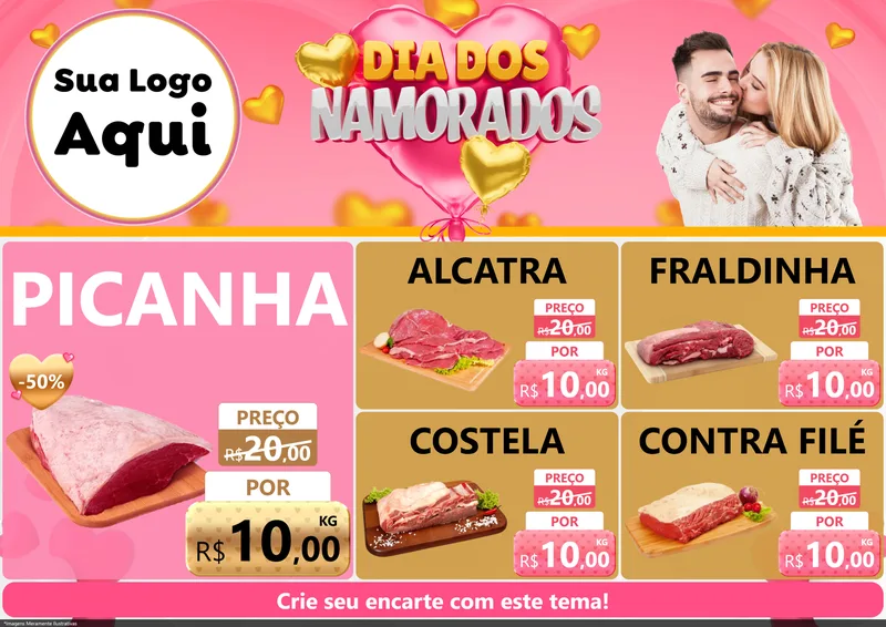 Modelo de Encarte para Encarte A4 Horizontal com o tema Dia dos Namorados para Açougue