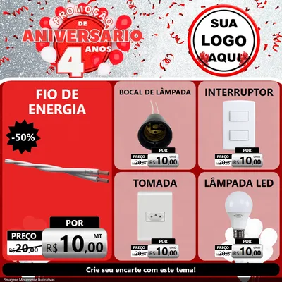Modelo de Rede Social para Feed Facebook com o tema Promoção de Aniversário - 4 Anos para Materiais Elétricos