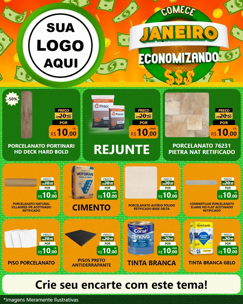 Modelo de Rede Social para Feed Instagram com o tema Comece Janeiro Economizando para Pisos e revestimentos
