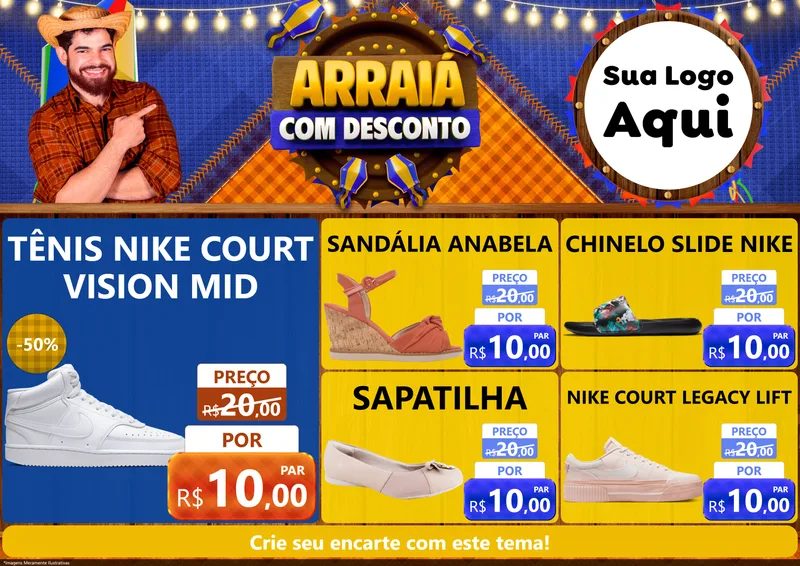Modelo de Encarte para Encarte A4 Horizontal com o tema Arraiá Com Desconto para Calçados