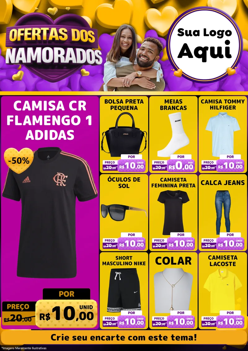Modelo de Encarte para Encarte A4 Vertical com o tema Oferta Dos Namorados para Roupas e acessórios