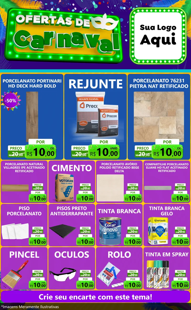 Modelo de Encarte para Encarte Grande com o tema Ofertas de Carnaval para Pisos e revestimentos