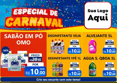 Modelo de Encarte para Encarte A4 Horizontal com o tema Especial de Carnaval para Produtos de Limpeza