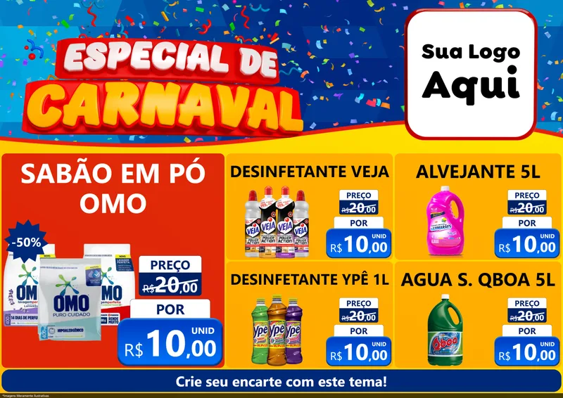 Modelo de Encarte para Encarte A4 Horizontal com o tema Especial de Carnaval para Produtos de Limpeza