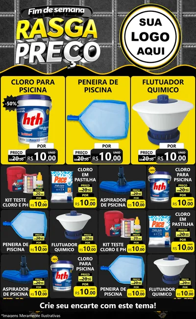 Modelo de Encarte para Encarte Grande com o tema Fim de Semana Rasga Preço para Produtos para Piscina