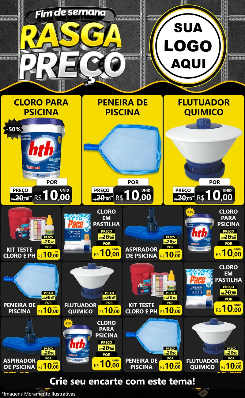 Modelo de Encarte para Encarte Grande com o tema Fim de Semana Rasga Preço para Produtos para Piscina