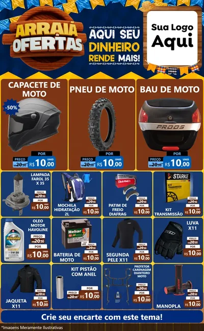 Modelo de Encarte para Encarte Grande com o tema Arraiá de Ofertas - Junina para Moto peças