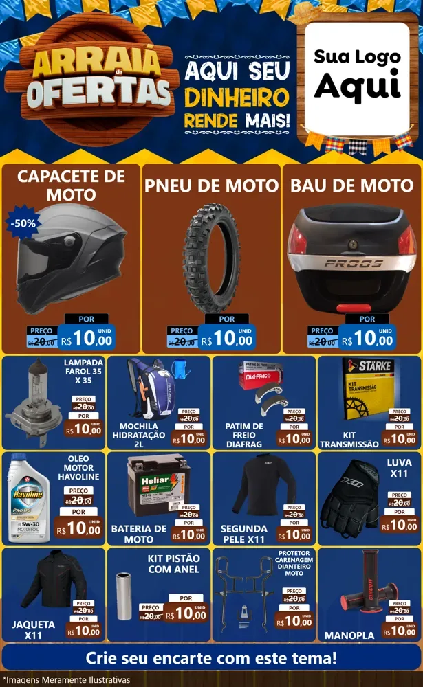 Modelo de Encarte para Encarte Grande com o tema Arraiá de Ofertas - Junina para Moto peças