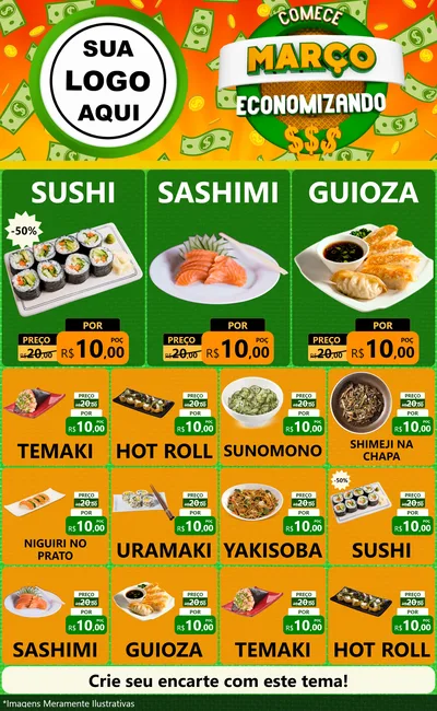 Modelo de Encarte para Encarte Grande com o tema Comece Março Economizando para Comida japonesa