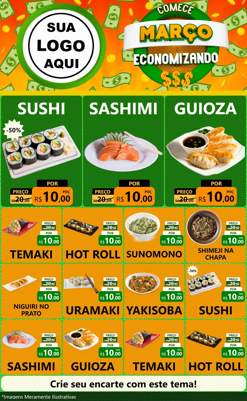 Modelo de Encarte para Encarte Grande com o tema Comece Março Economizando para Comida japonesa