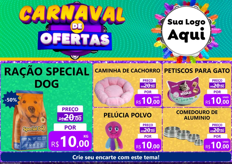Modelo de Encarte para Encarte A4 Horizontal com o tema Carnaval de Ofertas para Pet Shop
