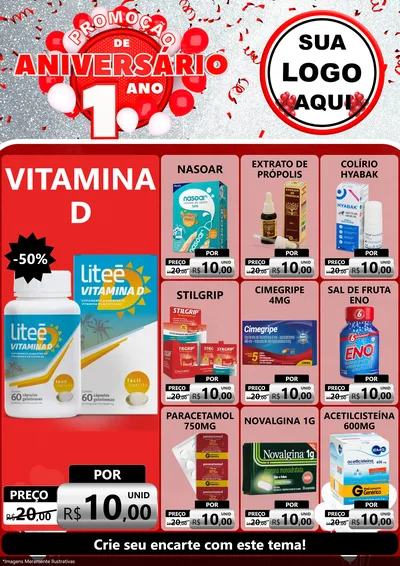 Modelo de Encarte para Encarte A4 Vertical com o tema Promoção de Aniversário - 1 Ano para Farmácia