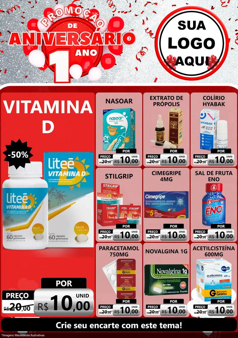 Modelo de Encarte para Encarte A4 Vertical com o tema Promoção de Aniversário - 1 Ano para Farmácia