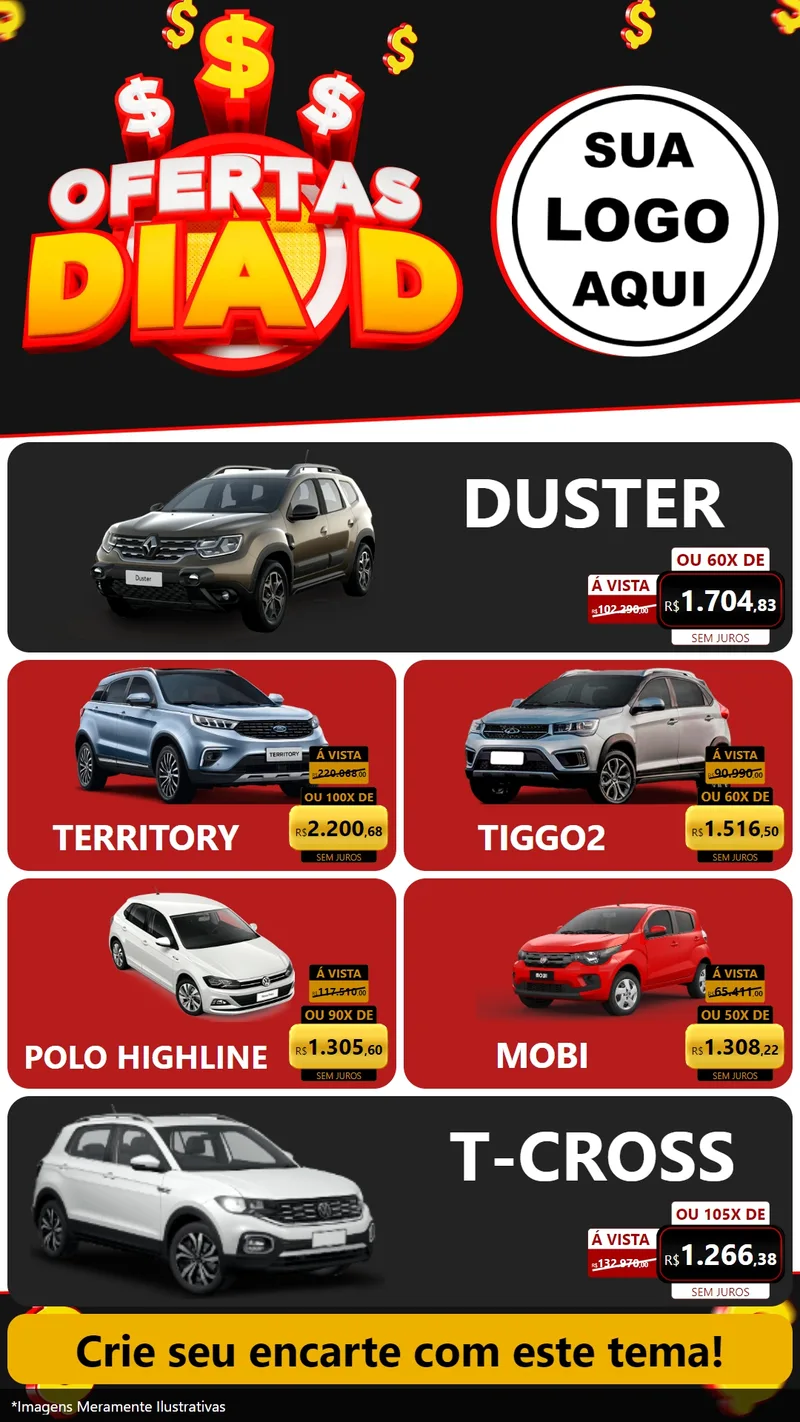Modelo de TV para TV Vertical com o tema Ofertas Dia D para Concessionaria de Carros