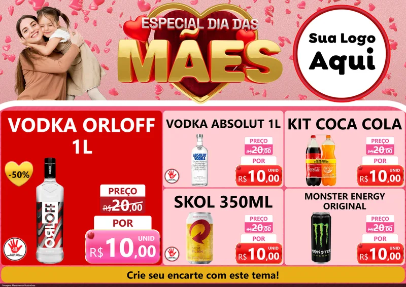 Modelo de Encarte para Encarte A4 Horizontal com o tema Especial Dia Das Mães para Distribuidora de bebidas