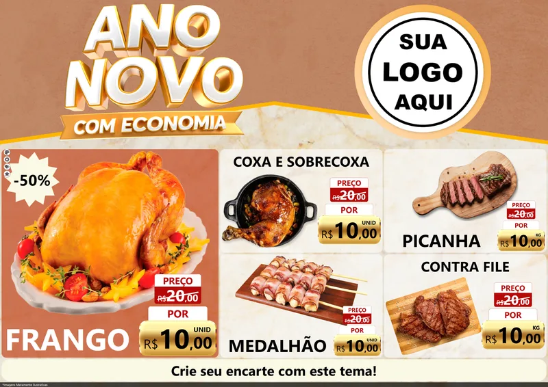 Modelo de Encarte para Encarte A4 Horizontal com o tema Ano Novo Com Economia para Assados