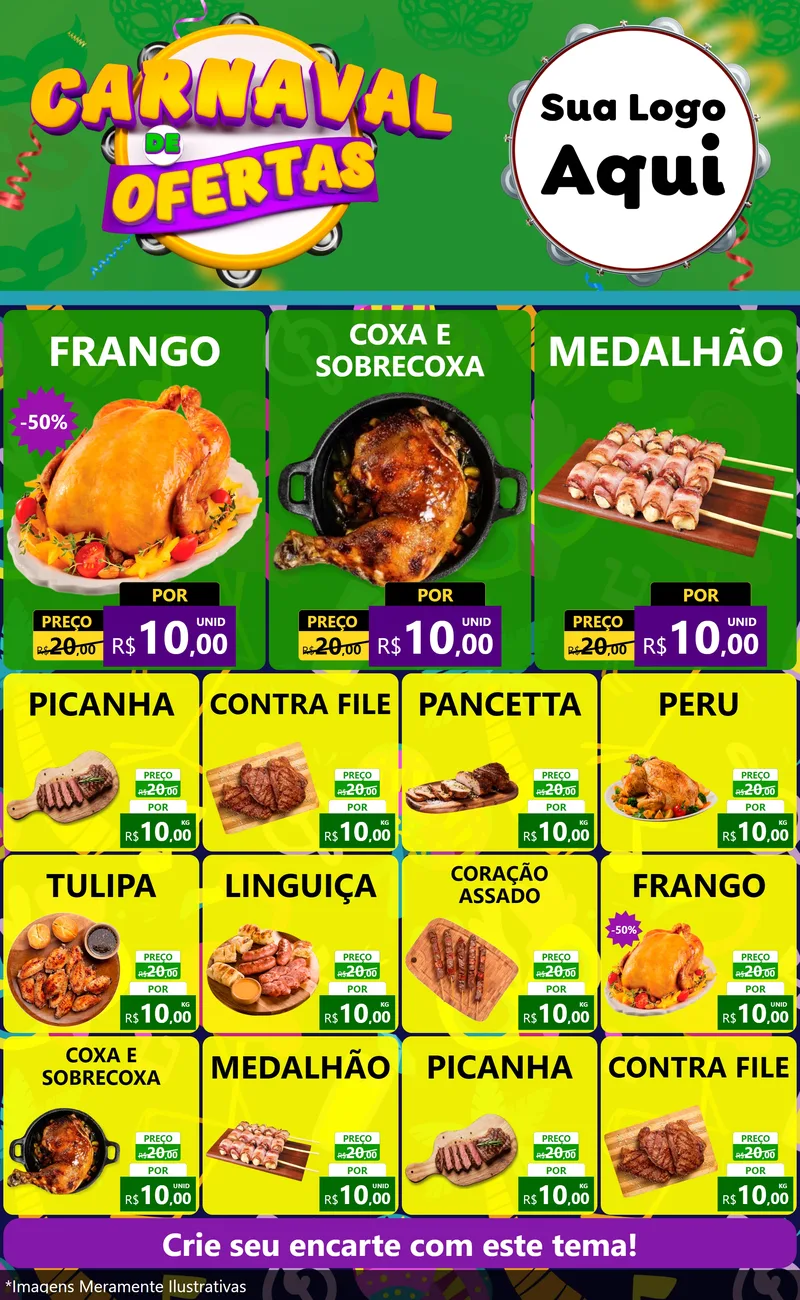 Modelo de Encarte para Encarte Grande com o tema Carnaval de Ofertas para Assados