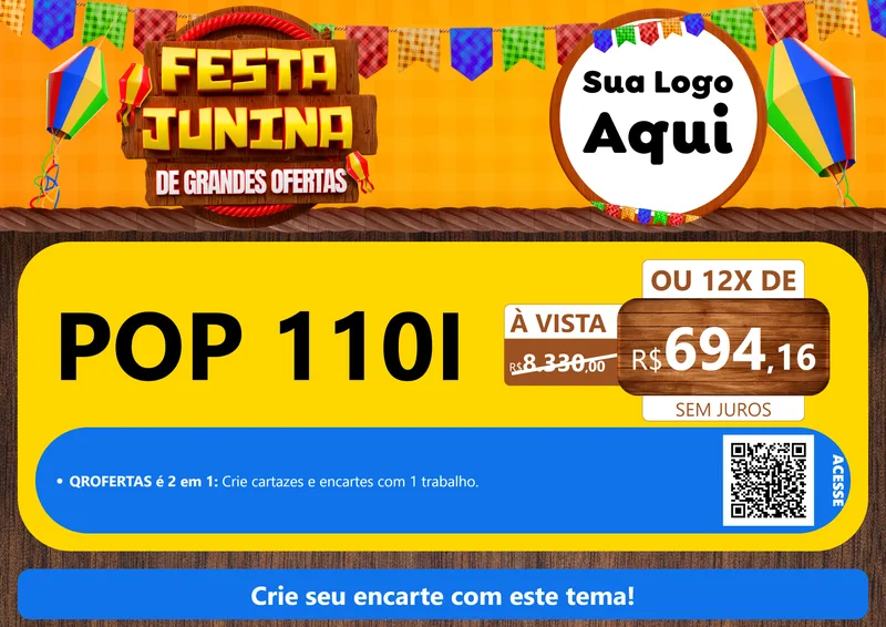 Modelo de Cartaz para Cartaz A4 Horizontal com o tema Festa Junina de Grandes Ofertas para Concessionaria de Motos