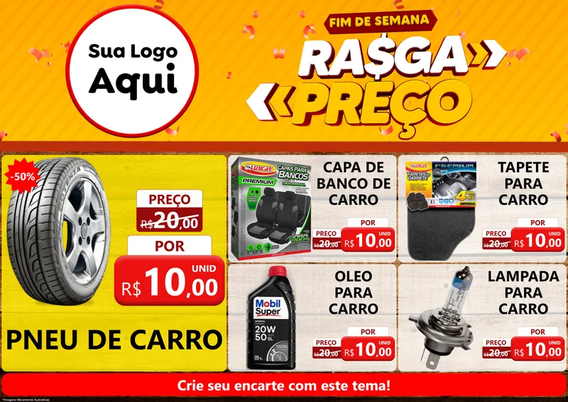 Modelo de Encarte para Encarte A4 Horizontal com o tema Fim de Semana Rasga Preços para Auto peças
