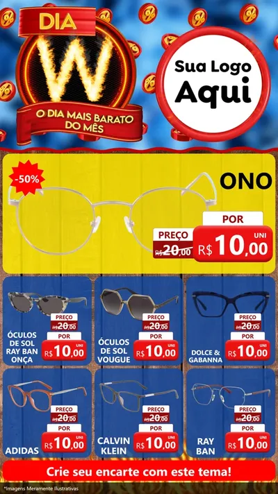 Modelo de Rede Social para Stories com o tema Dia W - O Dia Mais Barato Do Mês para Óticas
