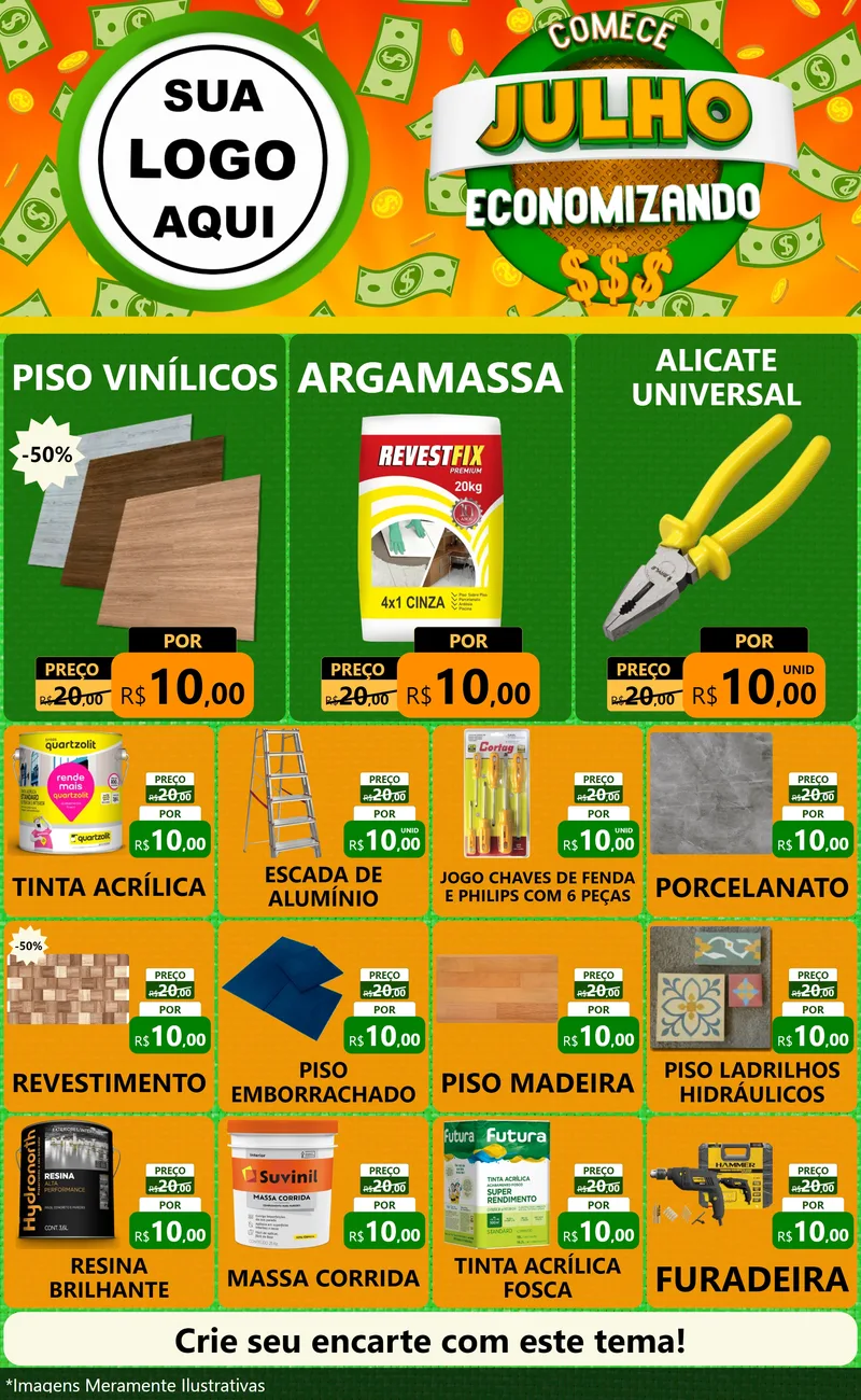 Modelo de Encarte para Encarte Grande com o tema Comece Julho Economizando para Material para Construção