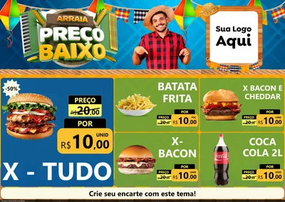 Modelo de Encarte para Encarte A4 Horizontal com o tema Arraiá de Preço Baixo - Junina para Hamburgueria