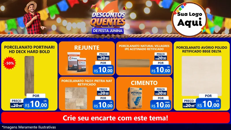 Modelo de TV para TV Horizontal com o tema Descontos Quentes de Festa Junina para Pisos e revestimentos