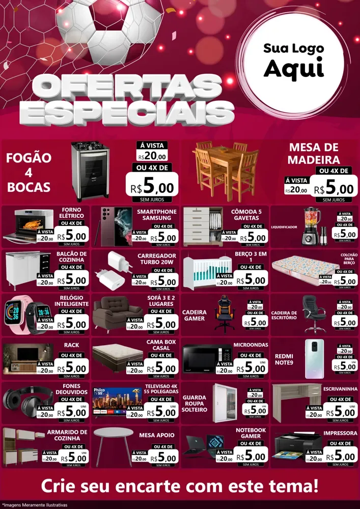 Modelo de Encarte para Encarte A4 Vertical com o tema Ofertas Especiais - Futebol para Móveis e Eletro