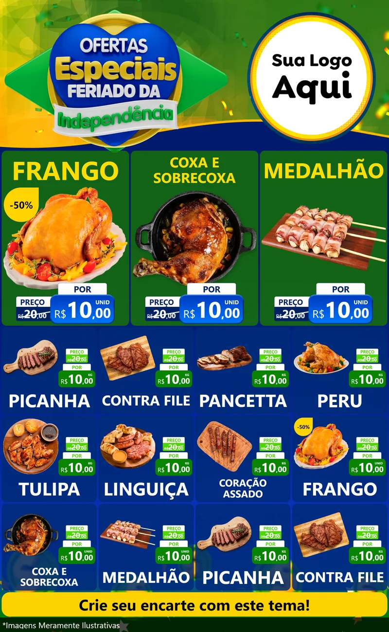 Modelo de Encarte para Encarte Grande com o tema Ofertas Especiais Feriado da Independência para Assados