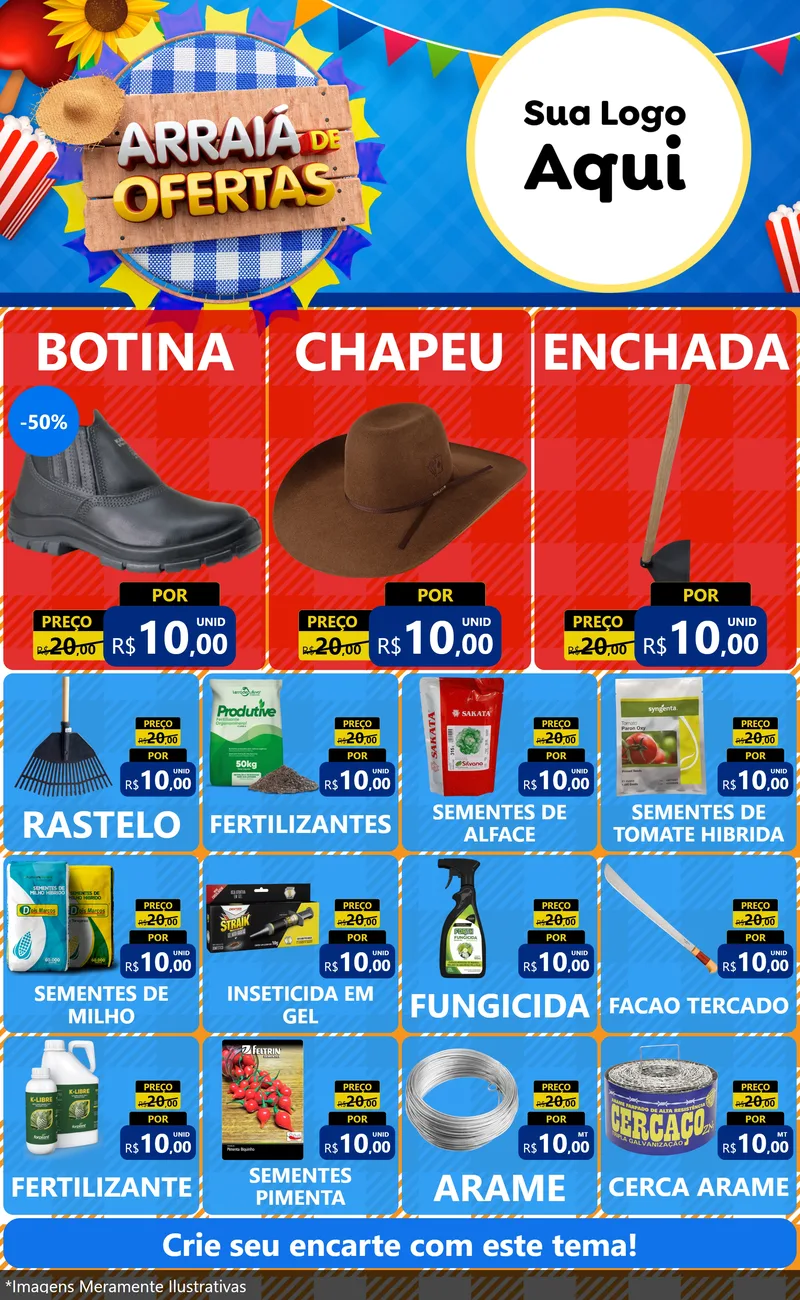 Modelo de Encarte para Encarte Grande com o tema Arraiá de Ofertas para Agropecuária