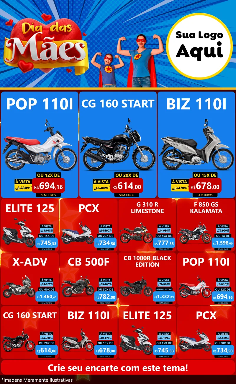 Modelo de Encarte para Encarte Grande com o tema Dia das Mães para Concessionaria de Motos