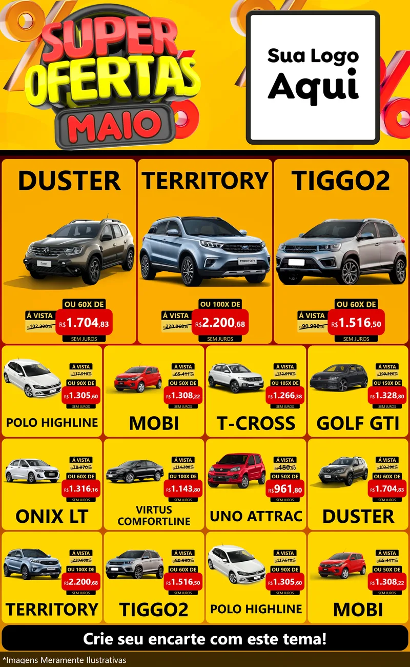 Modelo de Encarte para Encarte Grande com o tema Super Ofertas Maio para Concessionaria de Carros