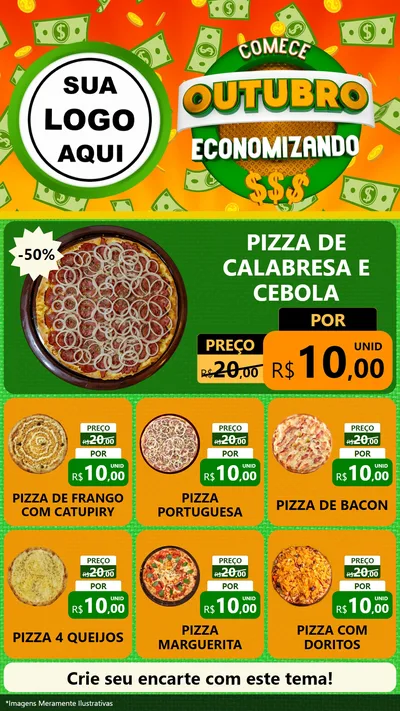 Modelo de Rede Social para Stories com o tema Comece Outubro Economizando para Pizzaria