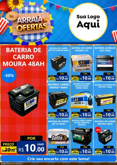Modelo de Encarte para Encarte A4 Vertical com o tema Arraiá de Ofertas para Baterias Elétricas