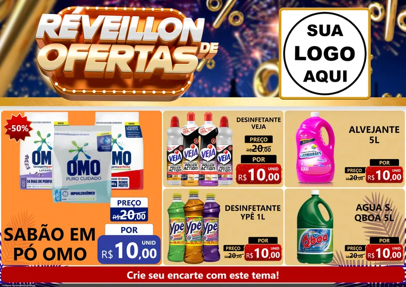 Modelo de Encarte para Encarte A4 Horizontal com o tema Réveillon de Ofertas para Produtos de Limpeza