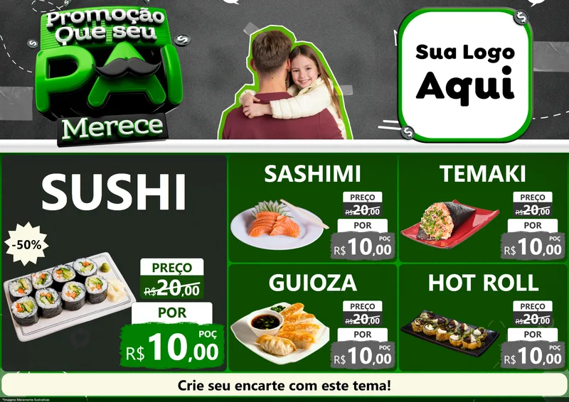 Modelo de Encarte para Encarte A4 Horizontal com o tema Promoção Que seu Pai Merece para Comida japonesa