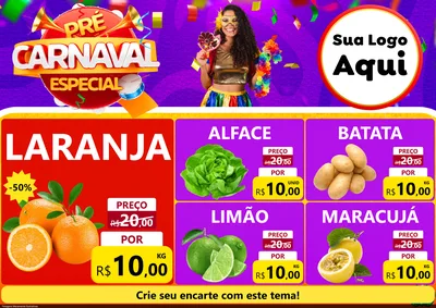 Modelo de Encarte para Encarte A4 Horizontal com o tema Pré-Carnaval Especial para Hortifrúti