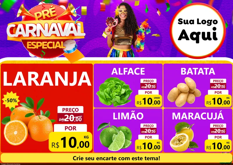 Modelo de Encarte para Encarte A4 Horizontal com o tema Pré-Carnaval Especial para Hortifrúti