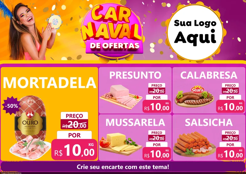 Modelo de Encarte para Encarte A4 Horizontal com o tema Carnaval de Ofertas para Frios e Laticínios