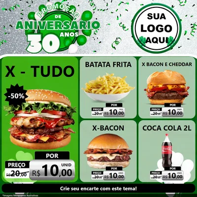 Modelo de Rede Social para Feed Facebook com o tema Promoção de Aniversário - 30 Anos para Hamburgueria