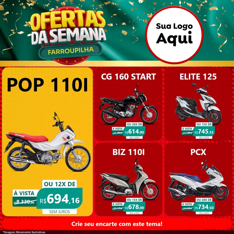 Modelo de Rede Social para Feed Facebook com o tema Ofertas da Semana Farroupilha para Concessionaria de Motos