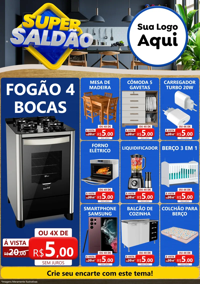 Modelo de Encarte para Encarte A4 Vertical com o tema Super Saldão para Móveis e Eletro