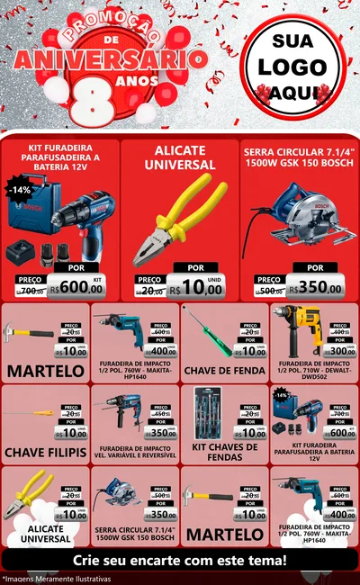 Modelo de Encarte para Encarte Grande com o tema Promoção de Aniversário - 8 Anos para Maquinas e Ferramentas