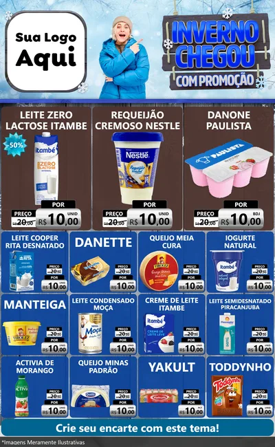 Modelo de Encarte para Encarte Grande com o tema Inverno Chegou Com Promoção para Frios e Laticínios