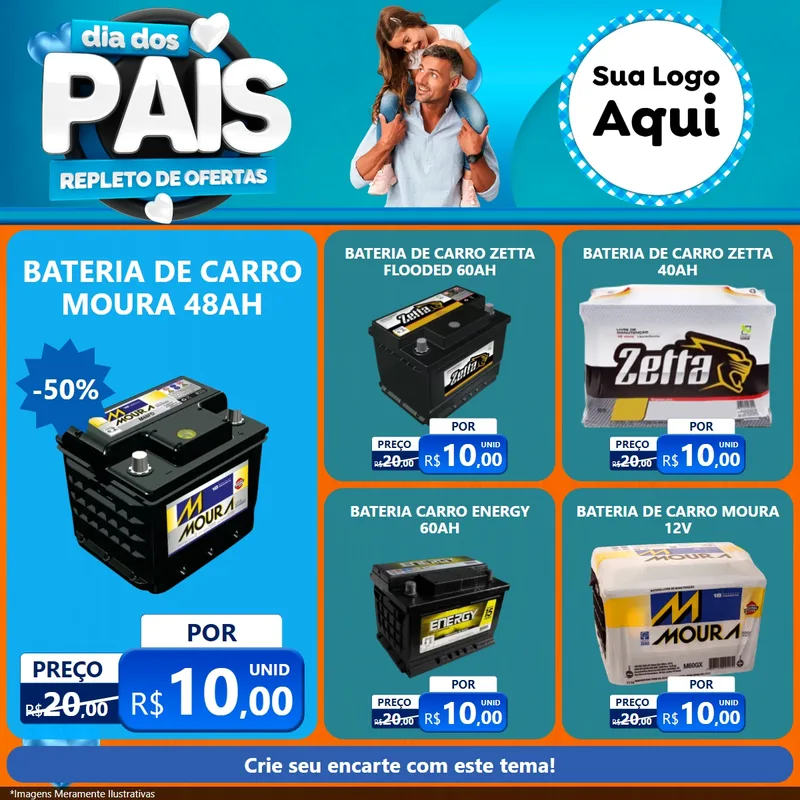 Modelo de Rede Social para Feed Facebook com o tema Dia Dos Pais Repleto de Ofertas para Baterias Elétricas