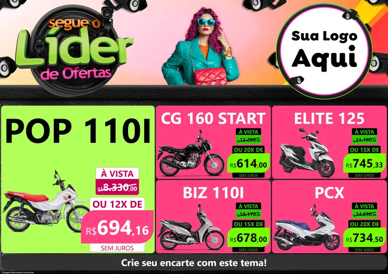 Modelo de Encarte para Encarte A4 Horizontal com o tema Segue o Líder de Ofertas para Concessionaria de Motos